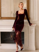 Elegant High-neck Velvet Lace Maxi Dress