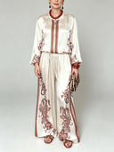 Retro Floral Print Satin Blouse & Wide-Leg Pants Two-Piece Set