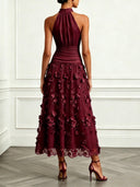 Elegant Halter Ruched 3D Floral Mesh Midi Dress