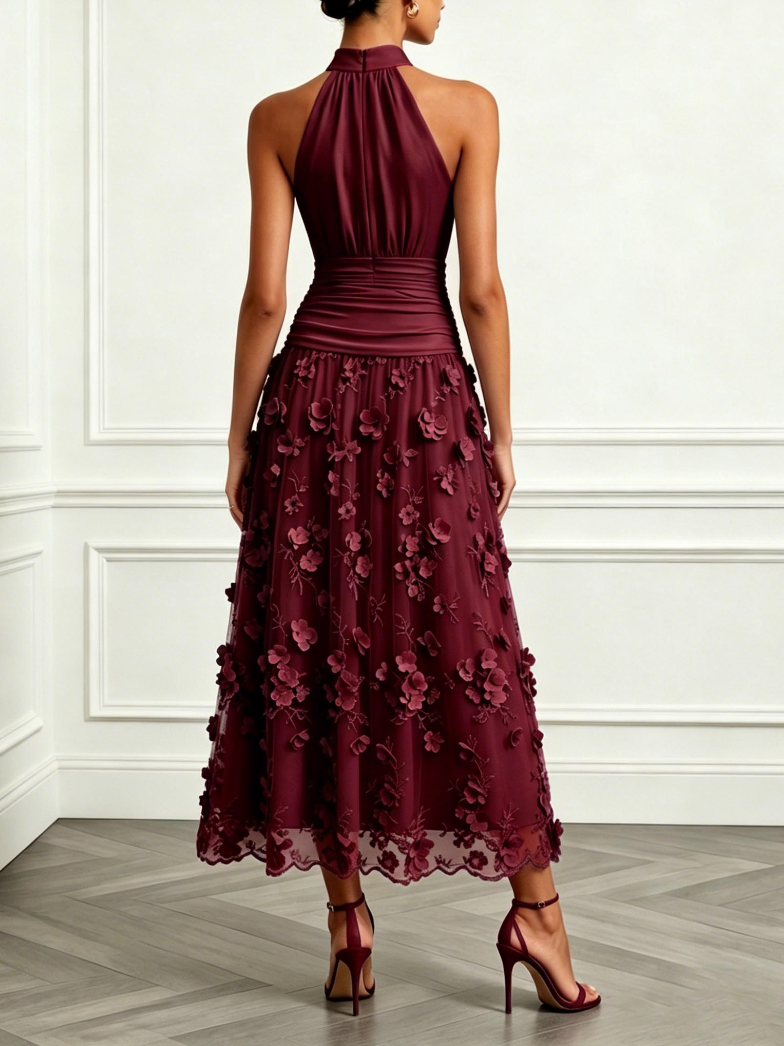 Elegant Halter Ruched 3D Floral Mesh Midi Dress
