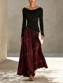 Draped Neck Long Sleeve Pleated Maxi Dress
