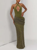 Elegant Cross Halter Cutout Sequined Maxi Dress