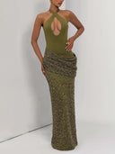 Elegant Cross Halter Cutout Sequined Maxi Dress