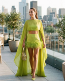 Elegant Feather Trim Sheer Cape Cover-Up Three-Piece Set