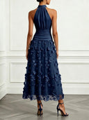 Elegant Halter Ruched 3D Floral Mesh Midi Dress