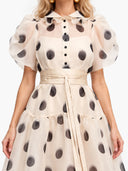 Elegant Polka Dot Organza Puff Sleeve Midi Dress