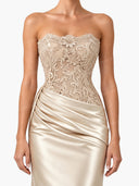 Elegant Floral Lace Strapless Satin Maxi Dress