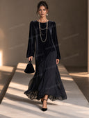 Elegant Velvet Chiffon Long Sleeve Maxi Dress
