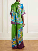 Retro Colorful Floral Print Satin Two-Piece Set