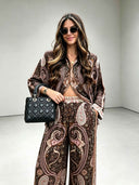 Retro Paisley Print Satin Shirt & Wide-Leg Pants Two-Piece Set