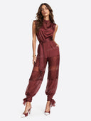 Elegant Satin Mock Neck Top & Lace Panel Jogger Pants Set