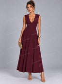 Elegant V-Neck Button-Front Pleated Maxi Dress