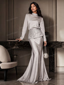 Elegant Satin Mock Neck Top & Mermaid Maxi Skirt Two-Piece Set