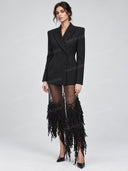 Tailored Blazer & Sheer Fringe Midi Skirt Two Piece Set