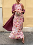 Retro Tile Print Sleeveless Maxi Dress Two Piece Set