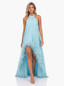 Elegant Halter Neck Sleeveless Feather Trim Satin Maxi Dress