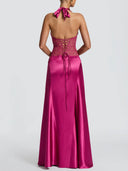 Elegant Pleated Halter Neck Lace Satin Maxi Dress