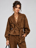 Suede Belted Jacket & Cargo Pants Two Piece Set