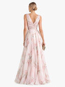 Elegant V-Neck Floral Print Tulle Maxi Dress
