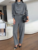 Minimalist Draped High Neck Top & Tailored Straight Leg Pants Set