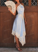 Elegant Convertible Lace Trim Halter Maxi Dress