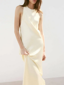 Elegant Beige Satin Fringe Sleeveless Midi Dress