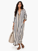 Deep V-Neck Stripe Printed Shirt Dress