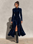 Retro Velvet High Neck Button Front Maxi Dress