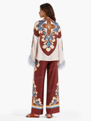 Retro Print Satin Feather Trim Top & Wide-Leg Pants Two-Piece Set