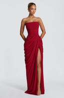 Strapless Pleated Slit Maxi Dress