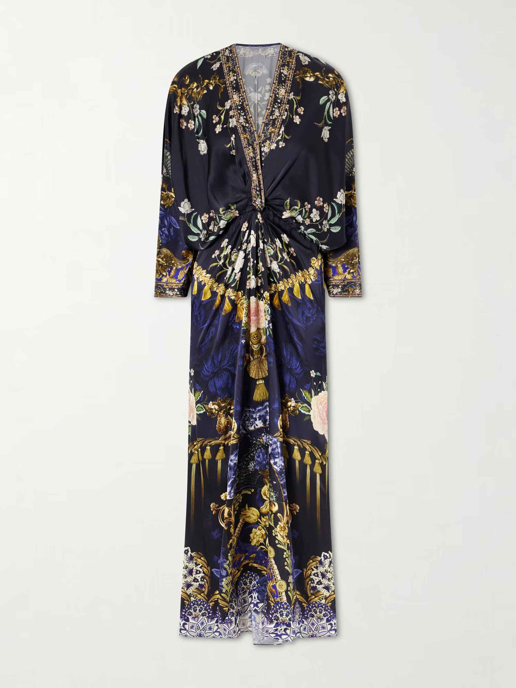 Retro Floral Print Twist Front Satin Maxi Dress