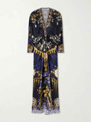 Retro Floral Print Twist Front Satin Maxi Dress