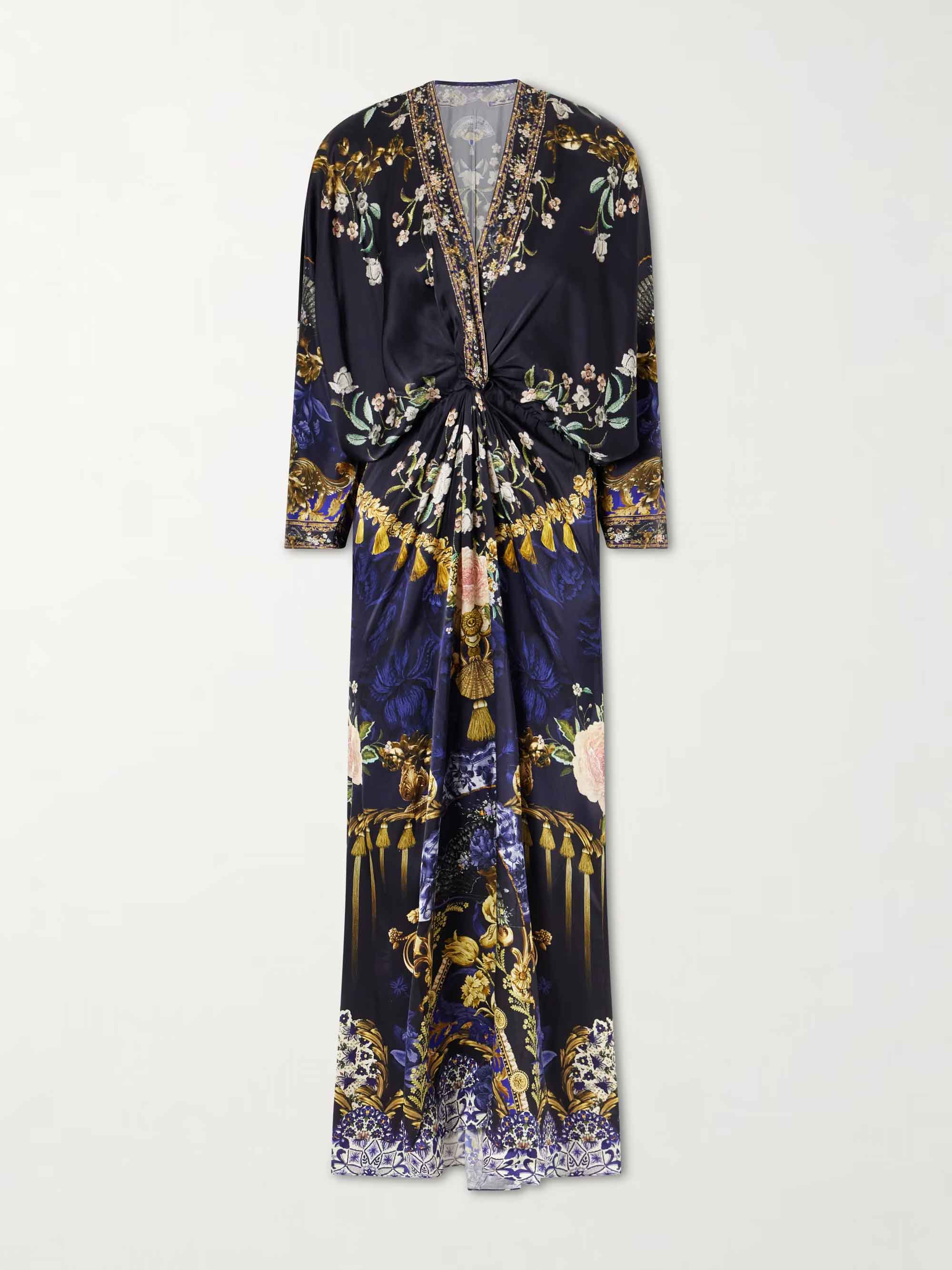 Retro Floral Print Twist Front Satin Maxi Dress