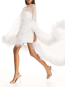 Feather Trim Sheer Cape Mini Dress