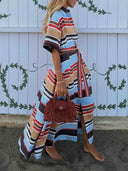 Casual Striped Self-Tie Waist Shirt Midi Dress