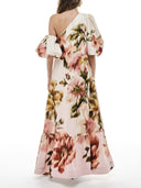 Exquisite Floral Print One Shoulder Puff Sleeve Maxi Dress