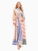 Multicolor Patchwork Stripe Long Sleeve Tie Maxi Shirt Dress