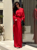 Elegant Satin Blouse & Draped Maxi Skirt Two-Piece Set