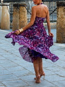 Elegant Abstract Print Halter Tiered Maxi Dress