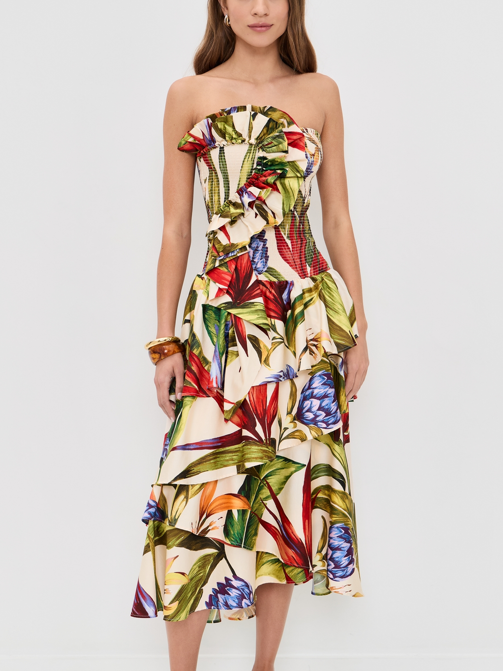 Tropical Botanical Print Strapless Dress