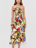 Tropical Botanical Print Strapless Dress