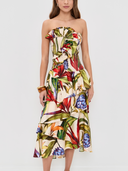Tropical Botanical Print Strapless Dress