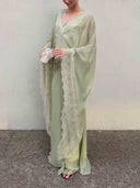 Elegant Lace-Trim Cape Sleeve Ruched Maxi Dress