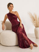 Elegant One-Shoulder Lace Draped Maxi Dress