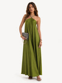 Elegant Beaded Halter Neck Flowy Maxi Dress