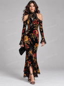 Elegant Floral Velvet Off Shoulder Maxi Dress