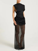 Sexy Sleeveless Feather Trim Mesh Maxi Dress