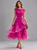 Elegant Organza Pleated Waist Ruffle Midi Dress
