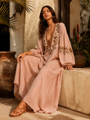 Casual Floral Embroidered Deep V Neck Puff Sleeve Maxi Dress
