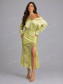 Elegant Satin Off Shoulder Blouse & Lace Midi Skirt Set